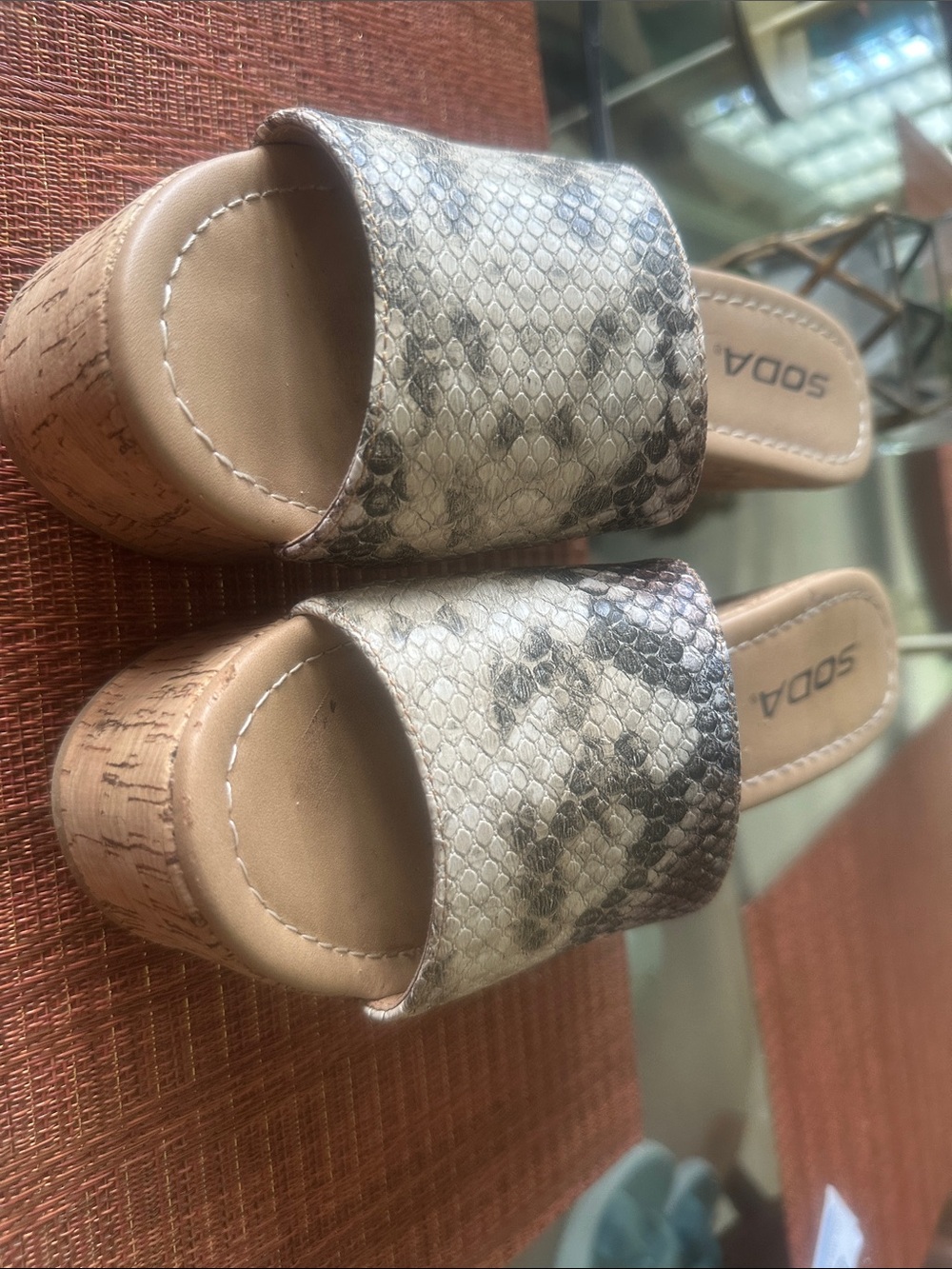 Soda Snake-Print Cork Wedge Slides in Beige and Gray